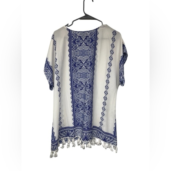 Show Me Your Mumu Blue & White Boho Lace-Up Tassel Tunic Top Size Large - Picture 4 of 7